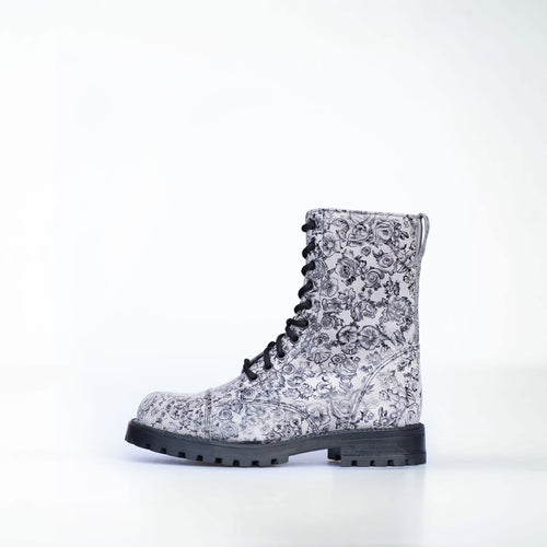 Combat Boots Samelin 511 Grijs Bloemenprint – Punkstijl Leren Veterlaarzen, Unisex
