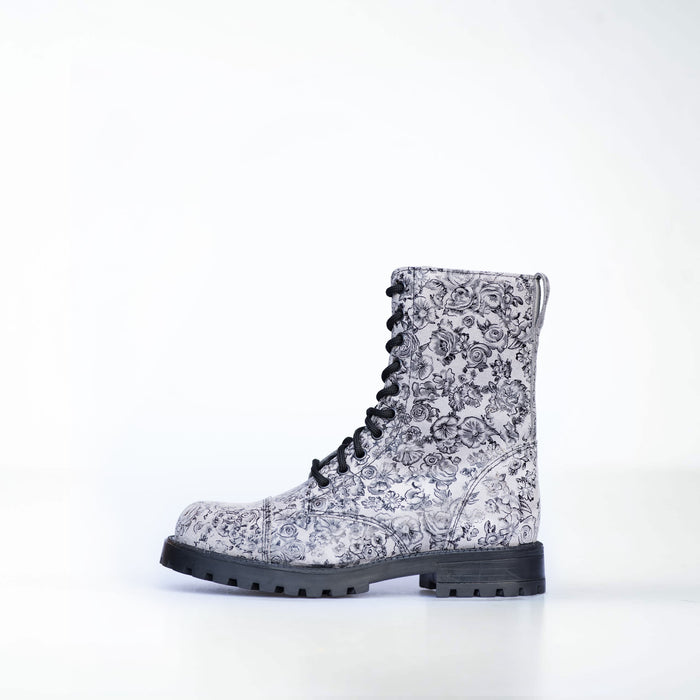 Combat Boots Samelin 511 Grijs Bloemenprint – Punkstijl Leren Veterlaarzen, Unisex